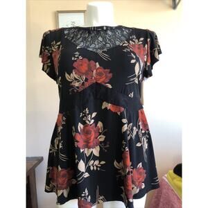 NWOT Torrid Dark Floral Babydoll Top Sz 0 Black Red Rose Lace Flutter Sleeve